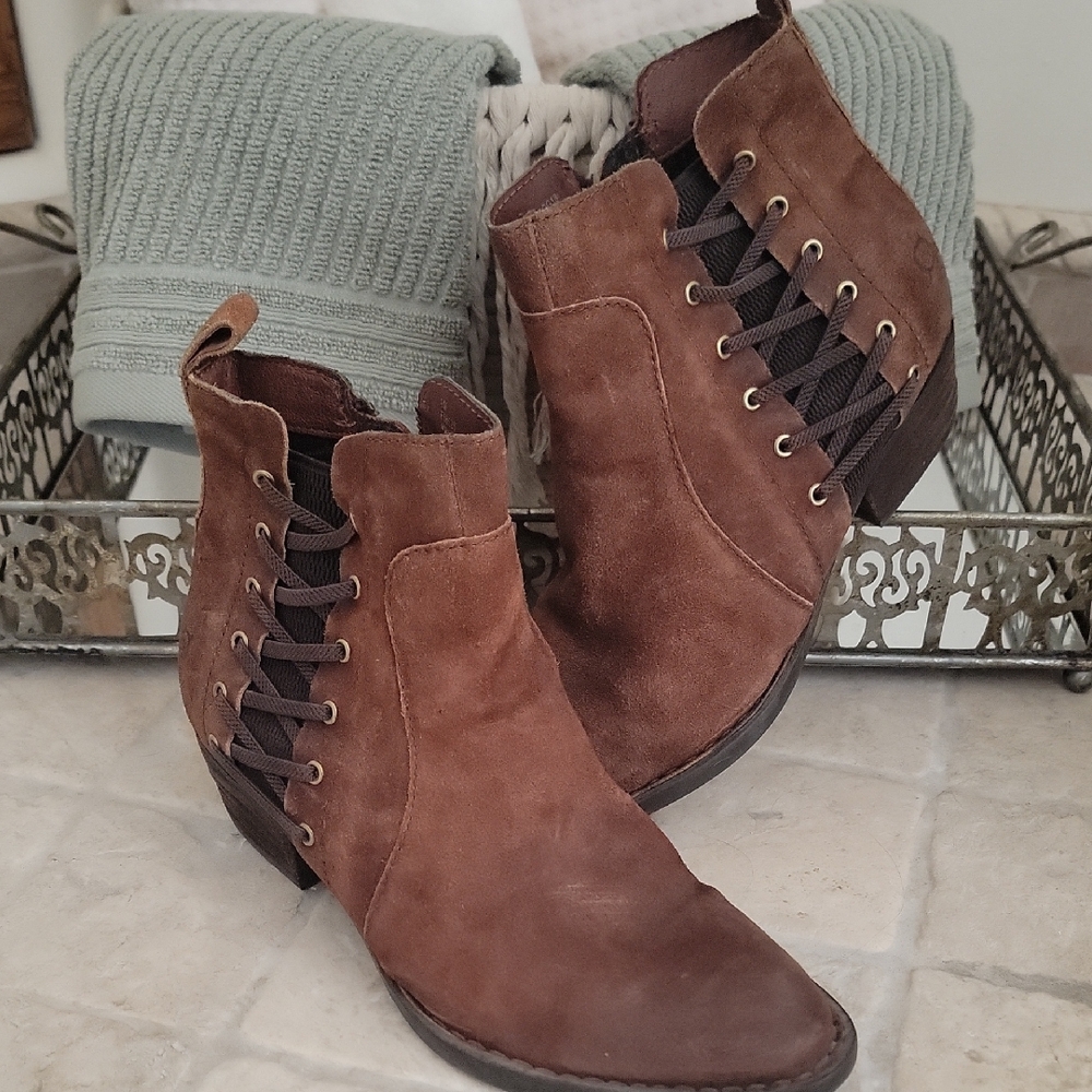 Born Brown Ankle Boots with Distressed Leather and Lace Detail